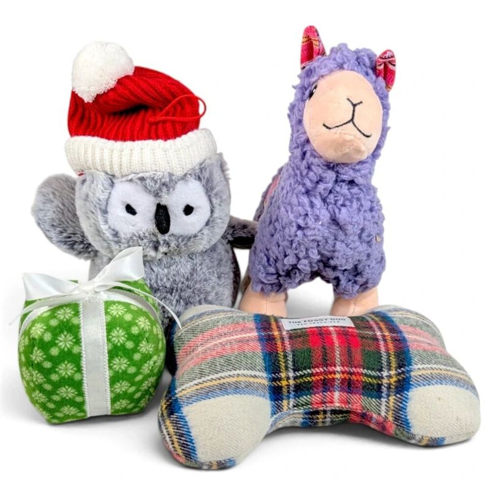 Small Dog Toy Bundle Plush Squeaky Llama Owl Christmas Present Plaid Bone Kong